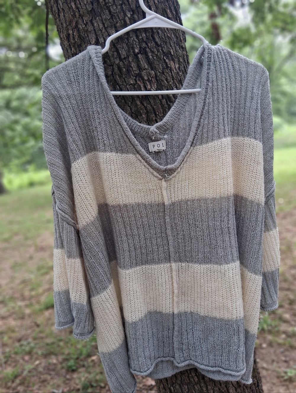 POL Gray and Cream Striped V-Neck Sweater